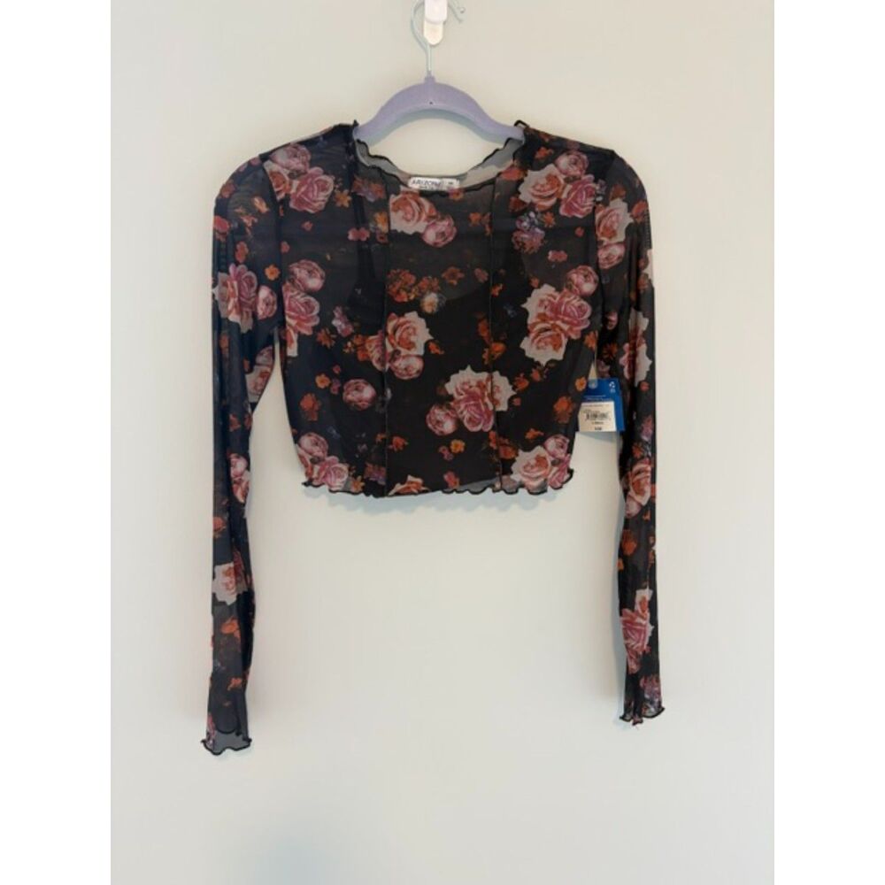 NWT Arizona Y2K Floral Mesh Long Sleeve Crop Shirt Vintage Inspired Size XS